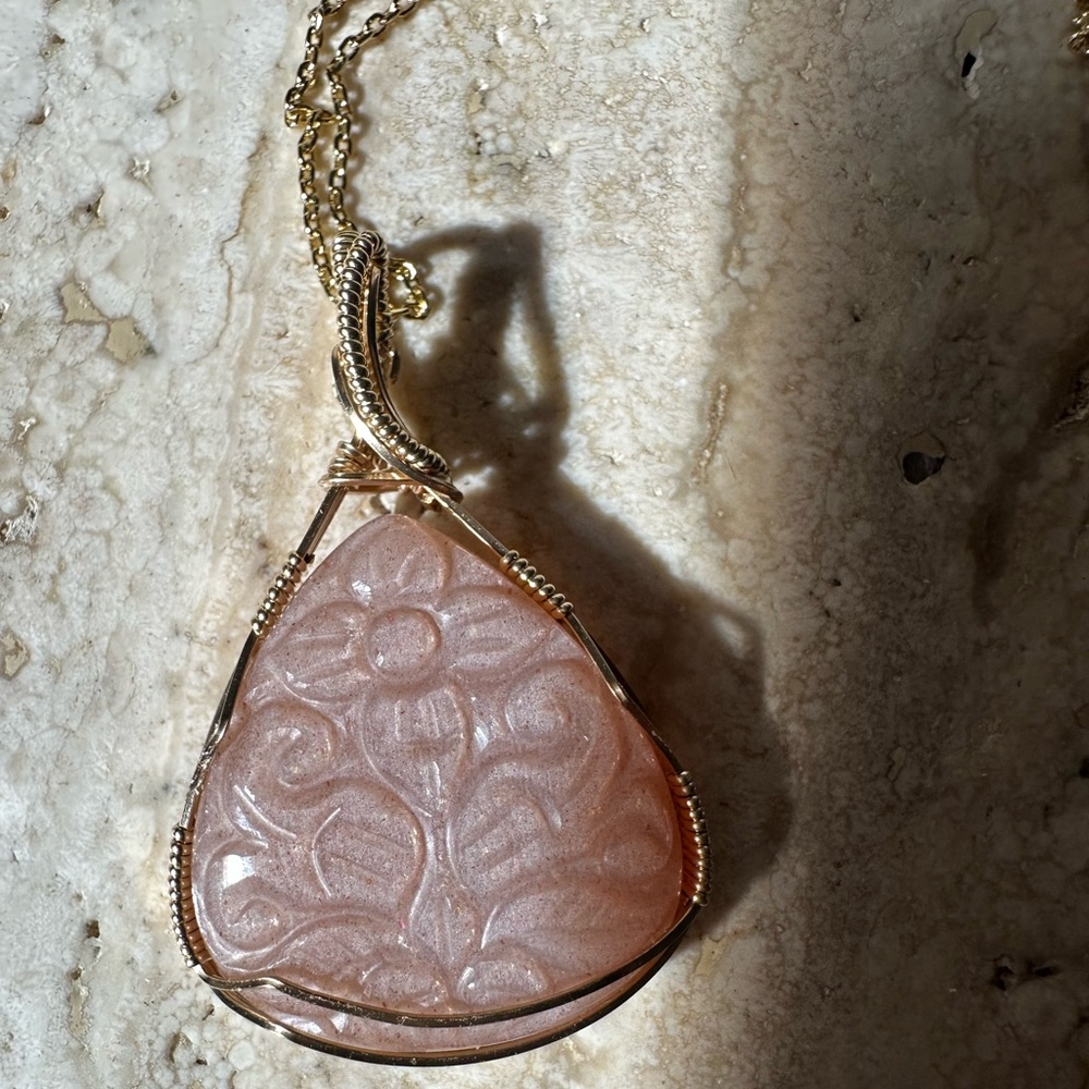 14k Gold Filled Hand Carved Peach Moonstone One of a kind Necklace with GF chain